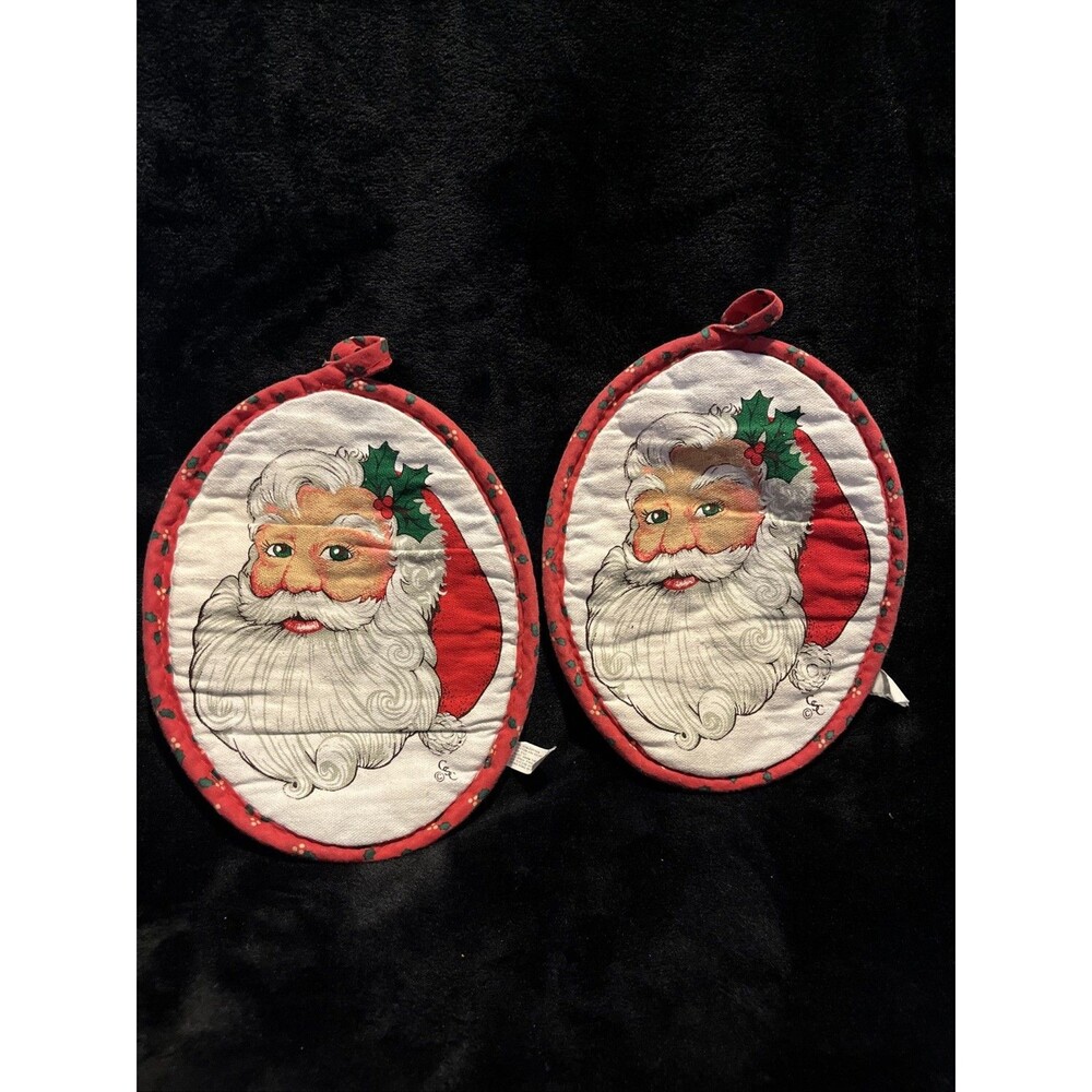 Vintage Christmas Potholders Lot Of 2 Santa Claus Mistle Toe CSC© EVC